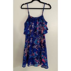 Blue and Pink Floral Dress with Top Ruffle
